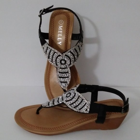 Melly Black T-Strap Sandals Platform Low Wedge Size 7 - Picture 3 of 12